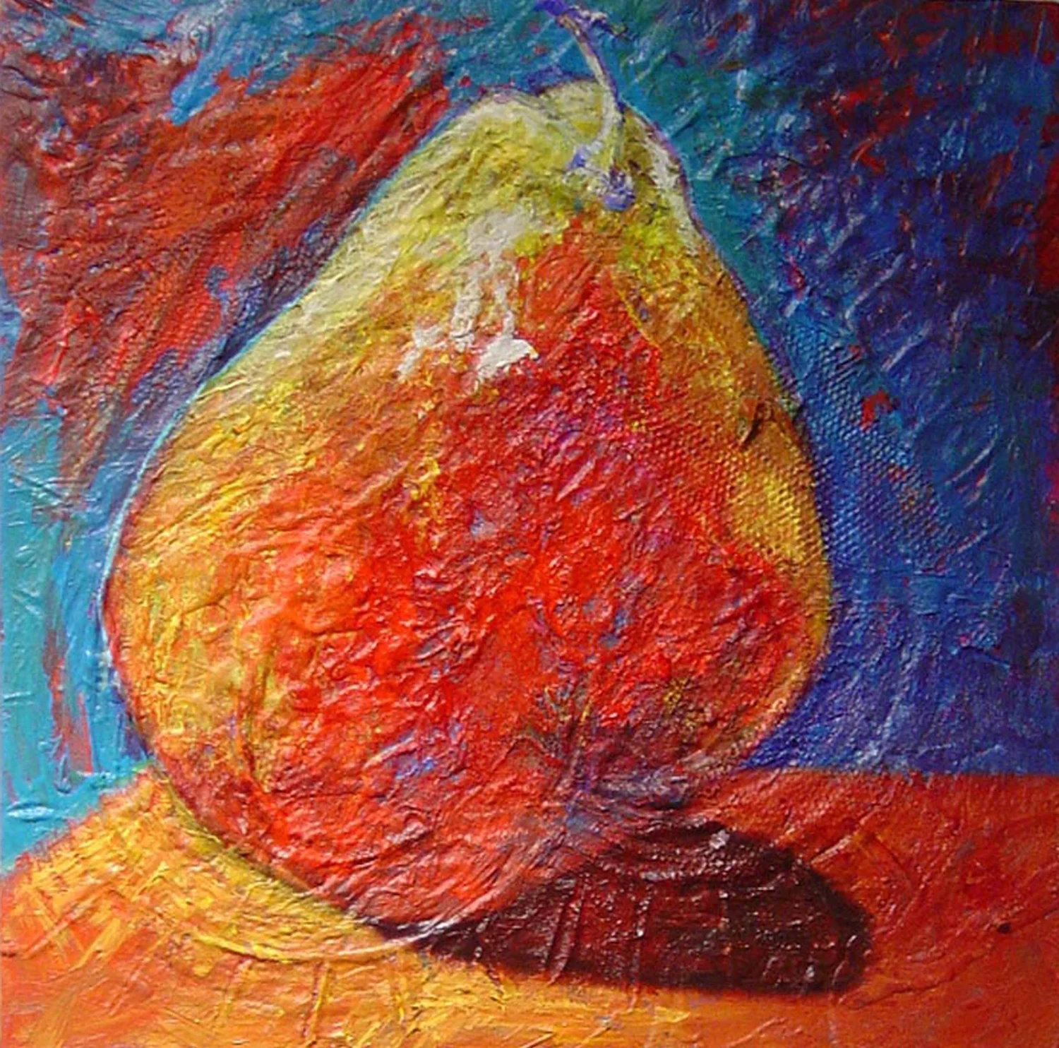 Party Pear, a richly textured painting by Marcie Ziv