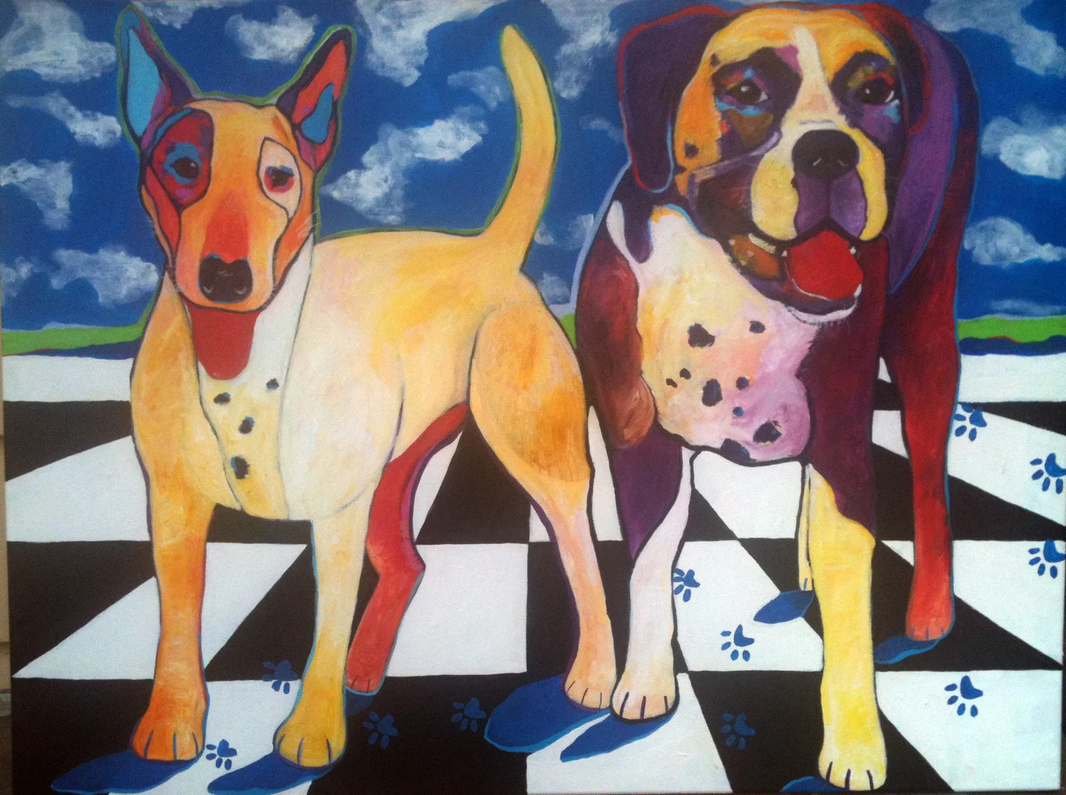 A colorful commissioned portrait of two dogs on a black and white floor